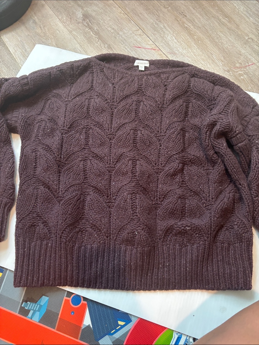 Garnet Hill Chocolate Brown Cable Knit Crewneck Sweater 100% Cashmere